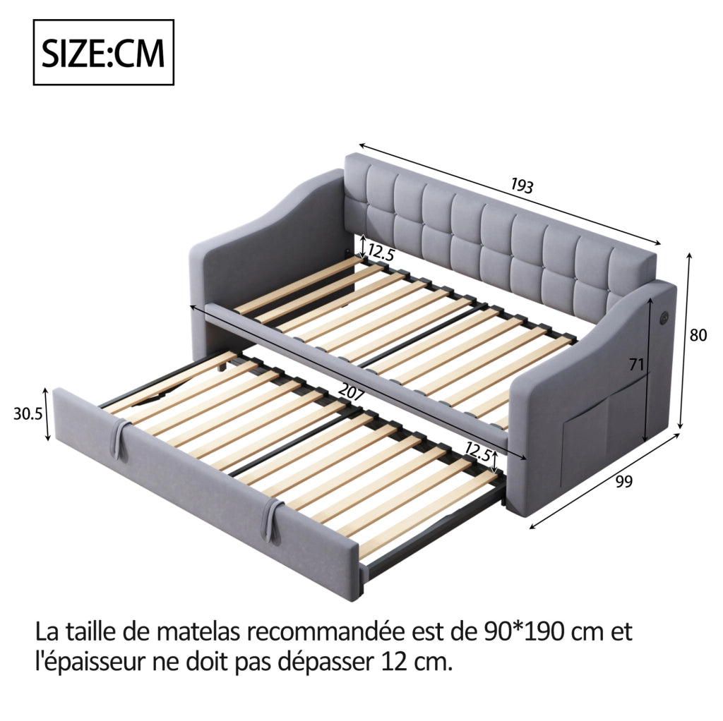 Letto imbottito 90x190 cm grigio in velluto con USB e rete estraibile