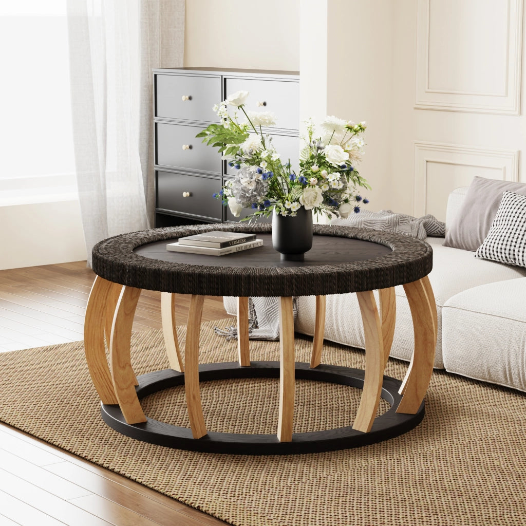TAVOLO DA CAFFÈ ROTONDO 90x90x43 cm Nero Marrone in Legno Massello e MDF