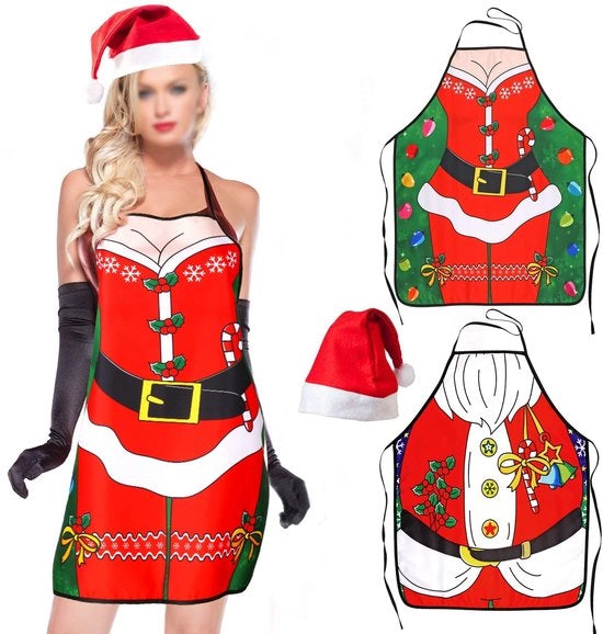 Set di grembiuli di Natale - 2 pezzi - Unisex divertente - Decorazione di Natale per ristoranti e cucine - Accessori sexy - Grande e pratica giacca da cuoco - Grembiuli da cucina