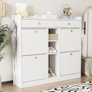 OKWISH Scarpiera con 4 Ante a Ribalta, 2 Cassetti e 3 Vani Aperti, per Ingresso, in Pannelli Truciolari, Bianco, 110×26×100 cm