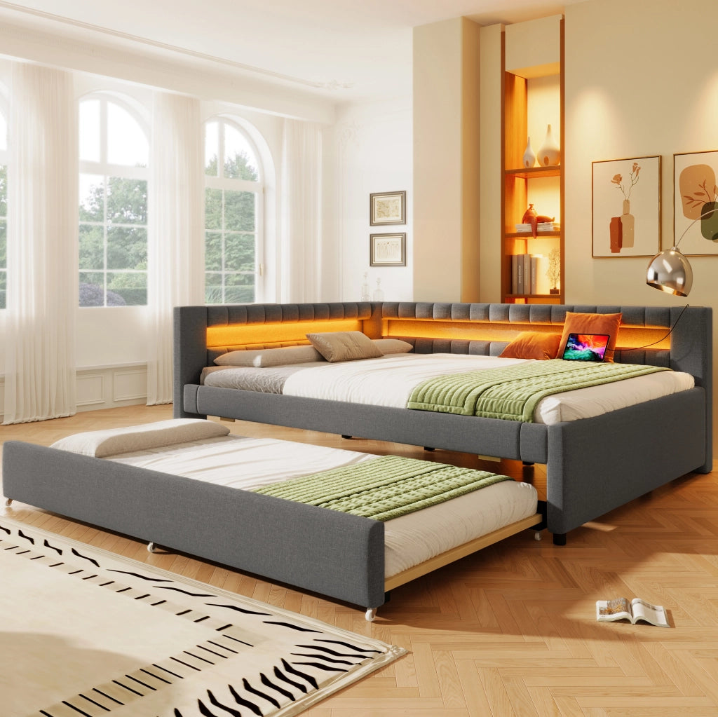 Letto 140x200 cm con letto estraibile e striscia LED in lino grigio