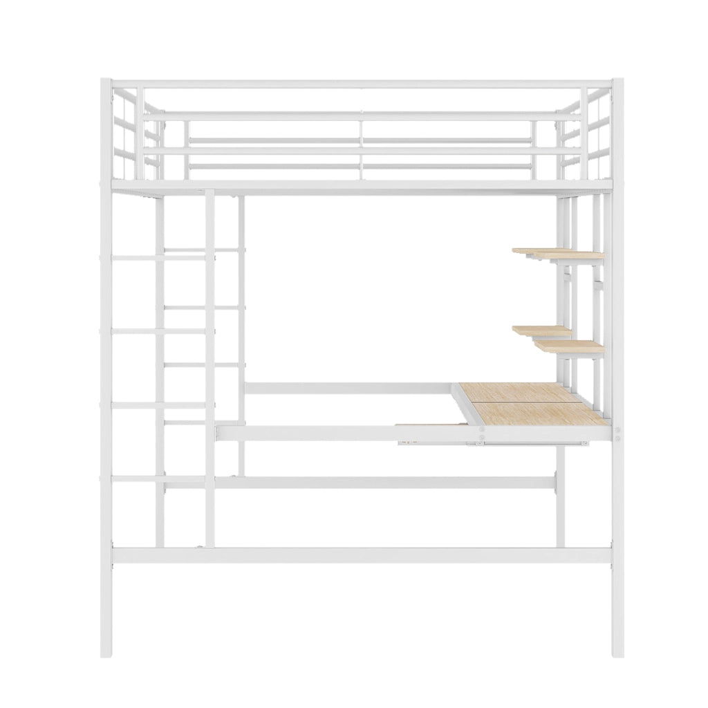 Letto a Soppalco Letto Matrimoniale con Scrivania; 2 Scaffali e Ripiano Tastiera; 140 x 200 cm; senza Materasso; Bianco