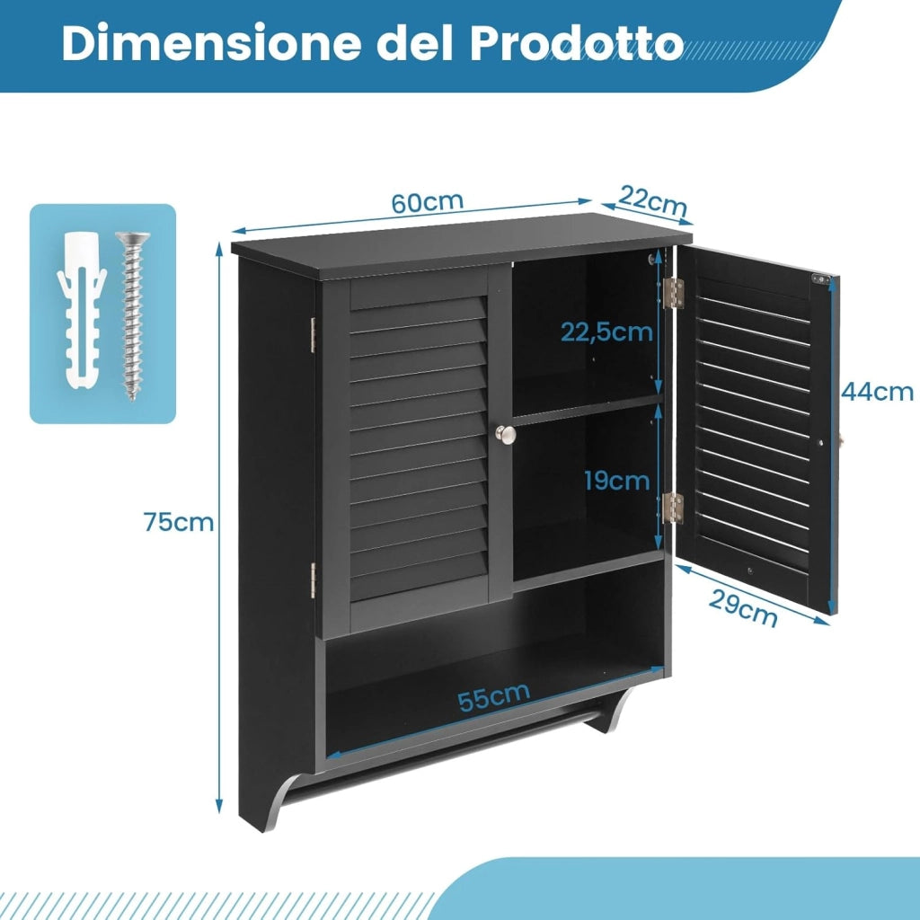 Armadietto da Bagno Sospeso 60x22x75cm, Mobile da Parete con 2 Ante, con Ripiano Regolabile in 3 Posizioni e Barra Porta Asciugamani (Nero)