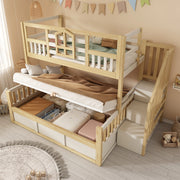 Letto a Castello per Bambini 90+140x200 ¨C MINIMAL ¨C Bianco/Legno Naturale, Idraulico, Contenitore, Doghe, Rete