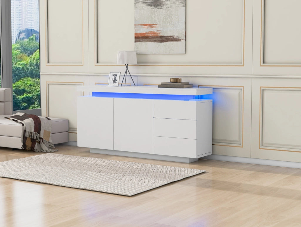 Credenza con LED RGB, 2 ante e 3 cassetti, bianca