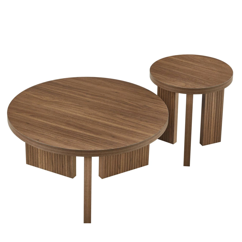 Set di 2 tavolini da caffè rotondi in MDF con scanalature; marrone noce
