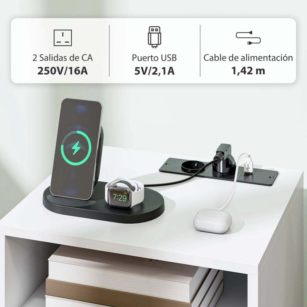 Comodino con stazione di ricarica ¨C Xylo ¨C 2 prese AC, USB-C, cassetto, legno bianco