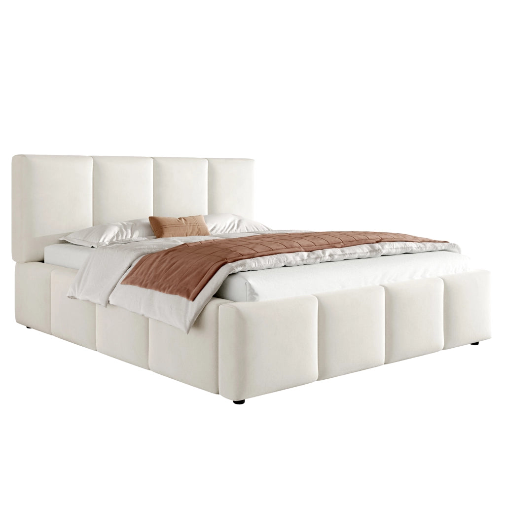 Letto matrimoniale 180x200 cm in chenille beige con testiera imbottita e rete a doghe