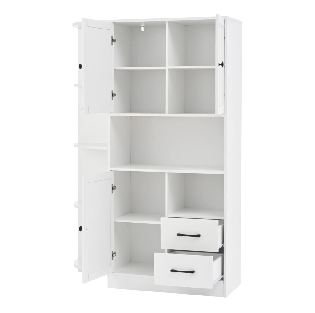 Vetrina angolare 104x35x155 cm con 3 armadi; 2 cassetti e 6 vani aperti; truciolare bianco
