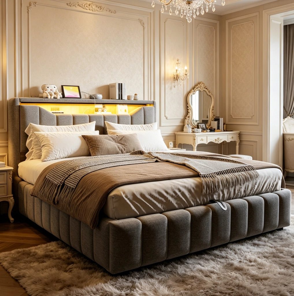 Letto matrimoniale imbottito 180x200 cm con contenitore, LED e USB