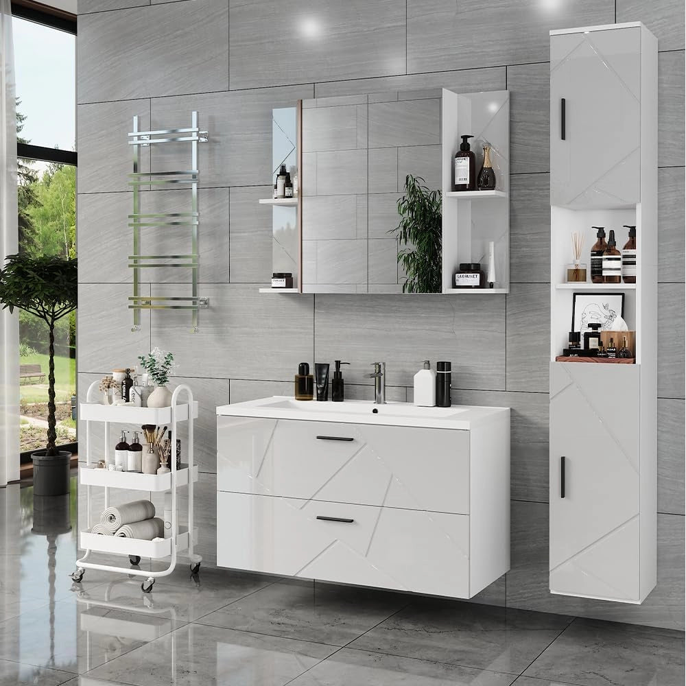 Set di mobili da bagno Irma, Bianco/bianco lucido, 100 cm, composto da mobile sottolavabo con lavabo, armadio alto e specchio da bagno