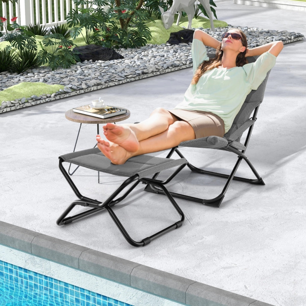Sedia a sdraio pieghevole da patio con poggiapiedi e cuscino rimovibile, Sedia da esterno portatile Grigio
