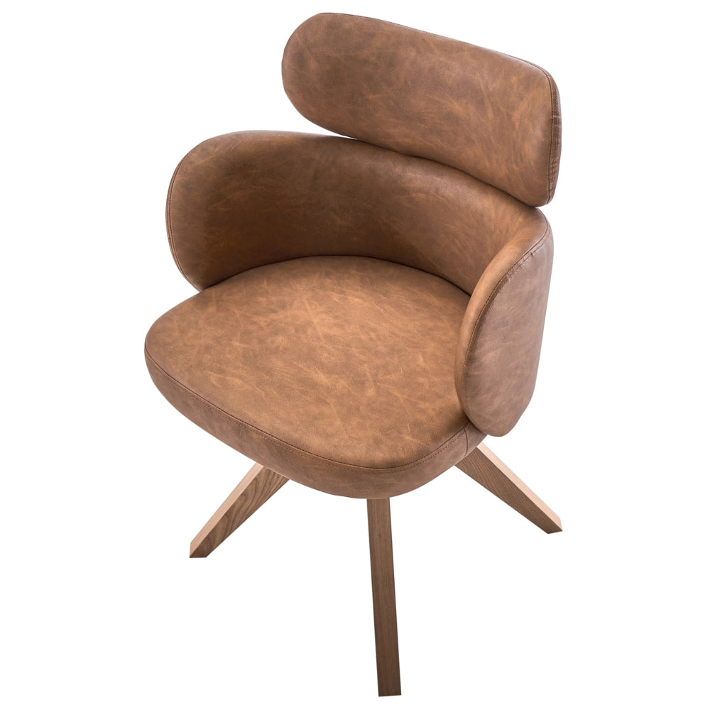 Sedia da pranzo girevole con schienale curvo in ecopelle marrone stile scandinavo