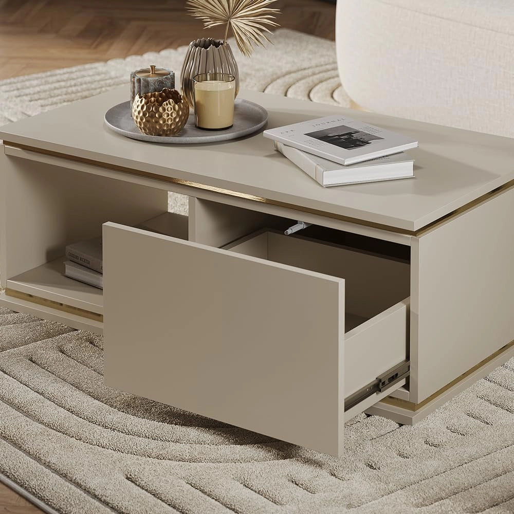 Tavolino Linette, Cachemire, 90 x 50 cm con cassetto, Meccanismo push-to-open per un'apertura silenziosa