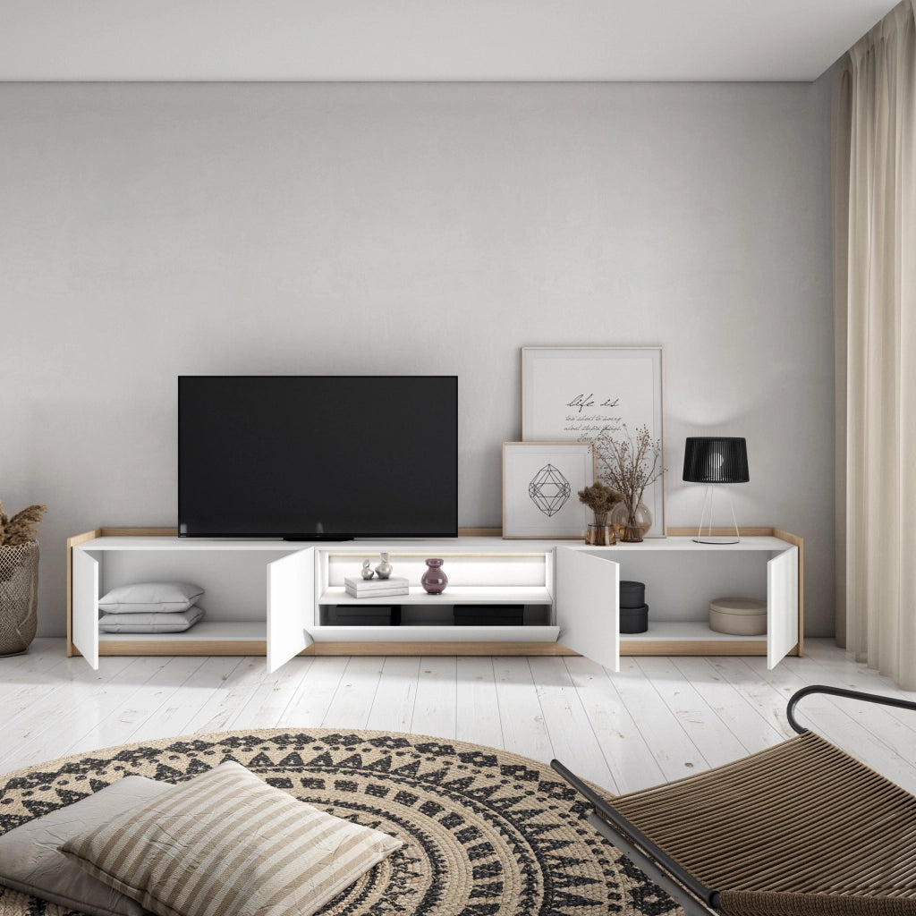 Mobile TV Soggiorno, 310x50x37 cm, Per TV fino a 80", LED, Bianco e Rovere soft
