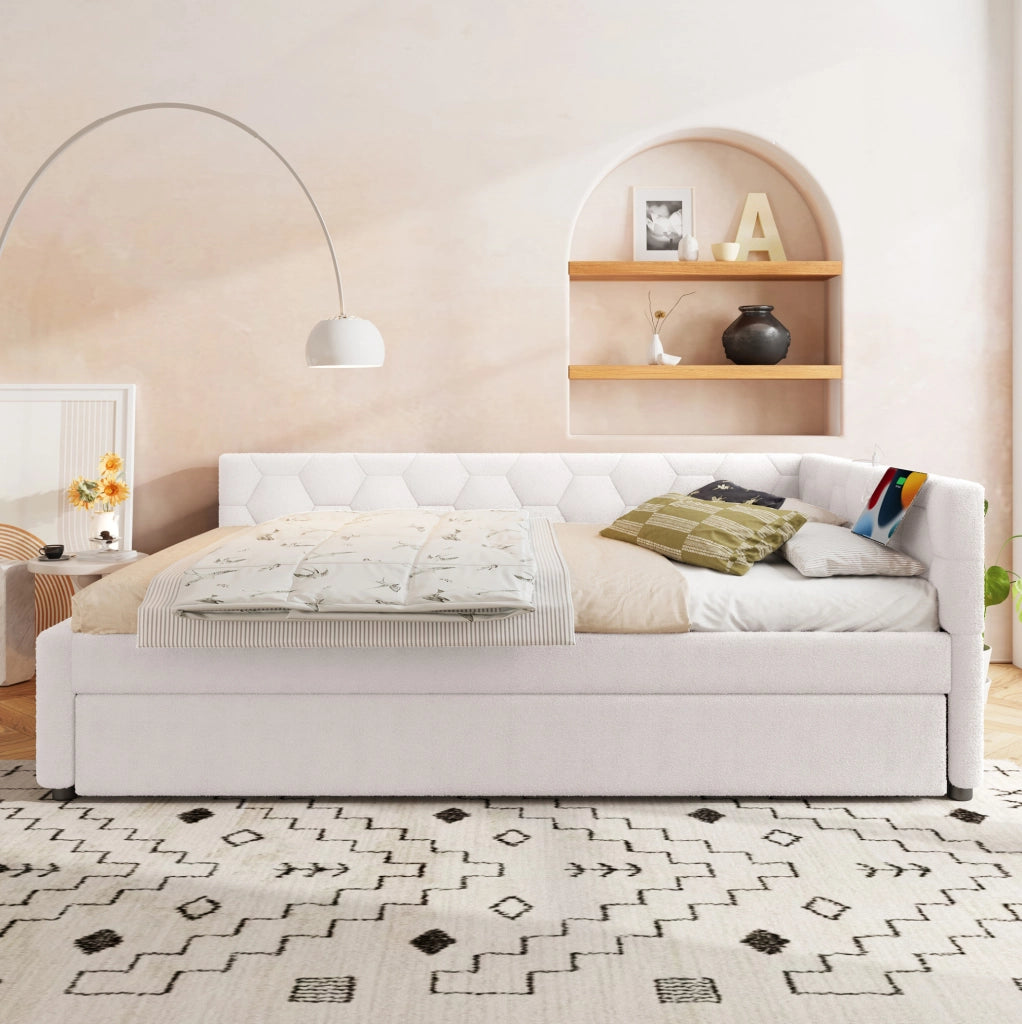 Letto da giorno 140×200 cm con letto estraibile, USB, Type-C e luce, bianco