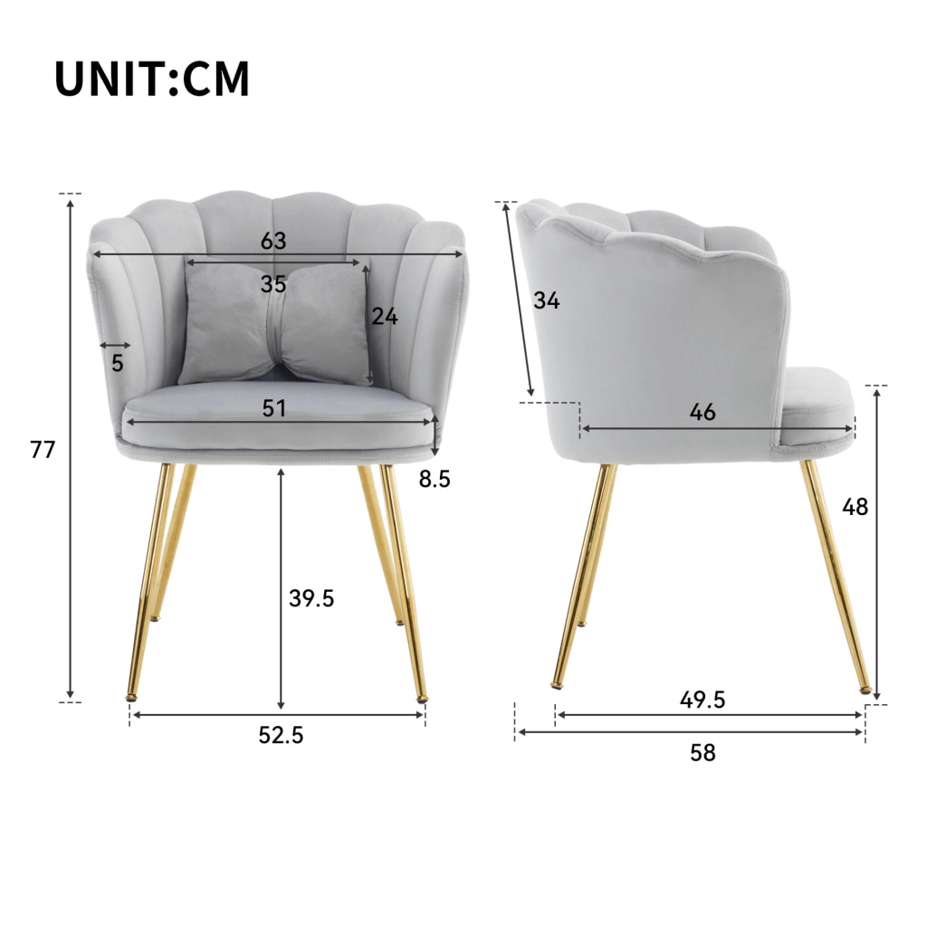 Set di 2 sedie in velluto grigio con schienale a petalo; gambe in metallo dorato