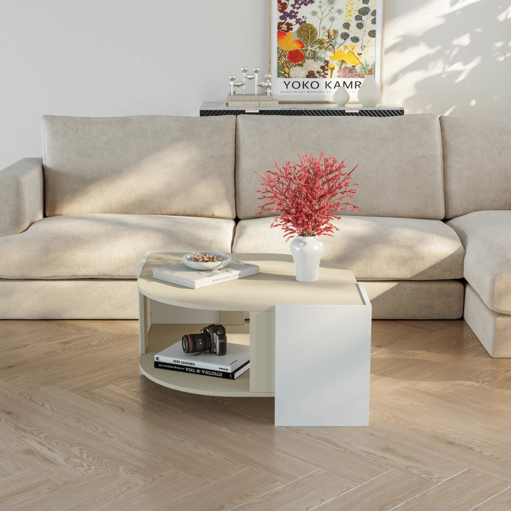 Tavolino Centrale da Salotto Klipsari con Piano Curvo 75 x 75 x 40 cm - Bianco / Color Avena Oatmeal [en.casa]