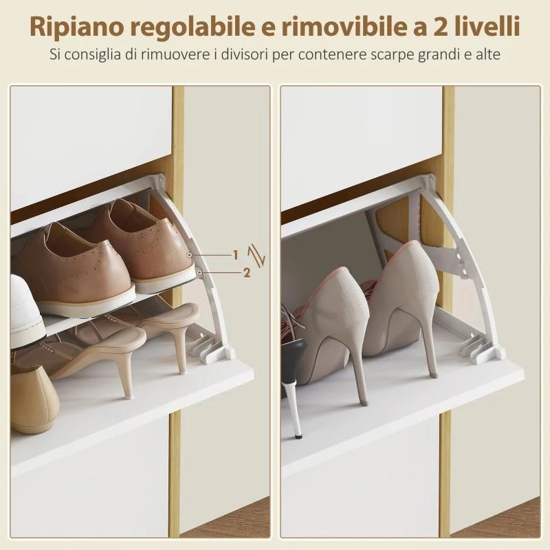 SCARPIERA SLIM MODERNA CON 3 CASSETTI RIBALTABILI PER 24 PAIA DI SCARPE, 80X24X127 CM, BIANCO
