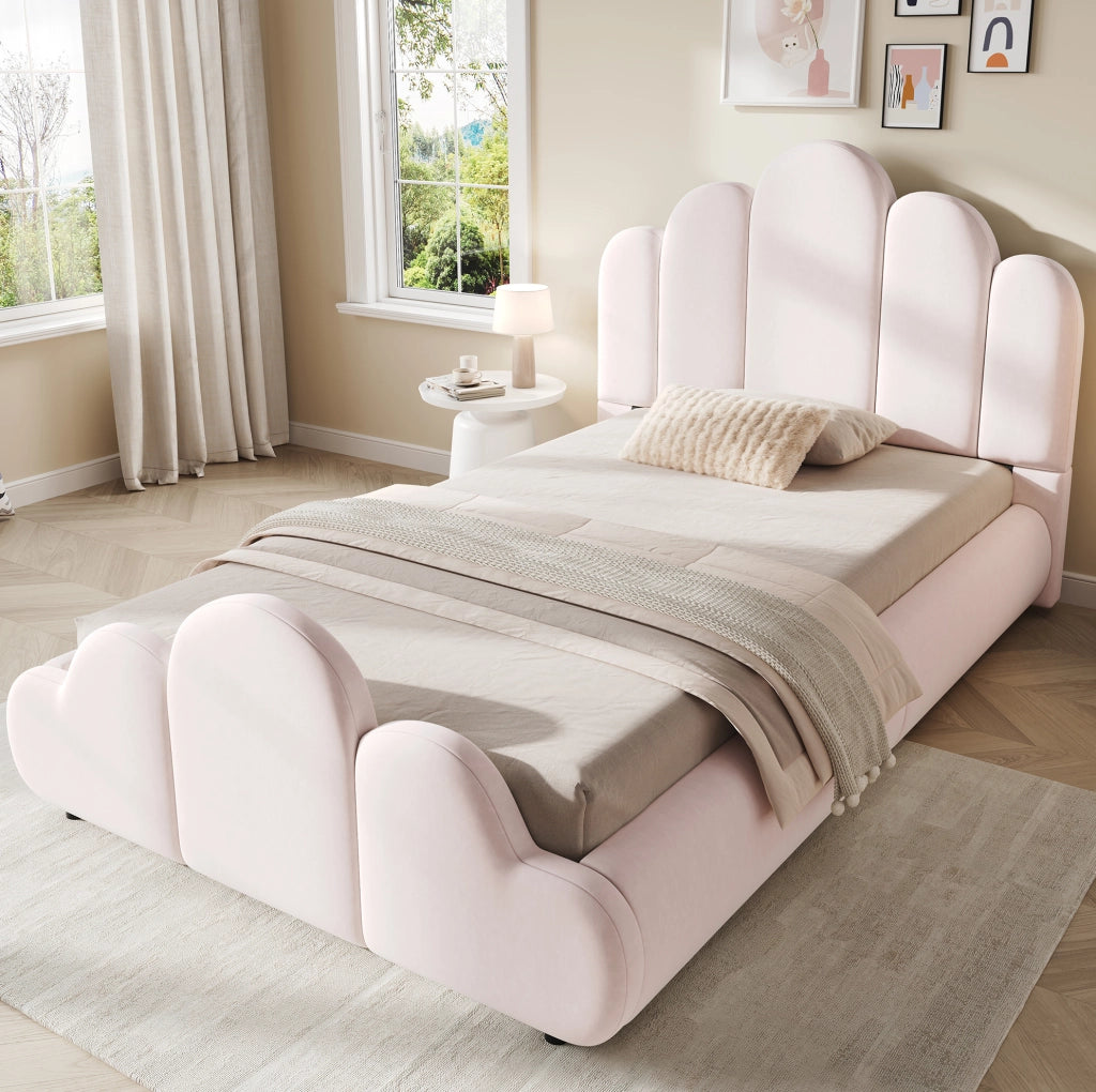 Letto singolo imbottito 90x200 cm in velluto rosa con testiera arrotondata e rete inclusa