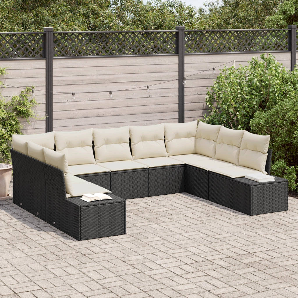 Set di Divani da Giardino 9 Pezzi con Cuscini Nero Polyrattan
