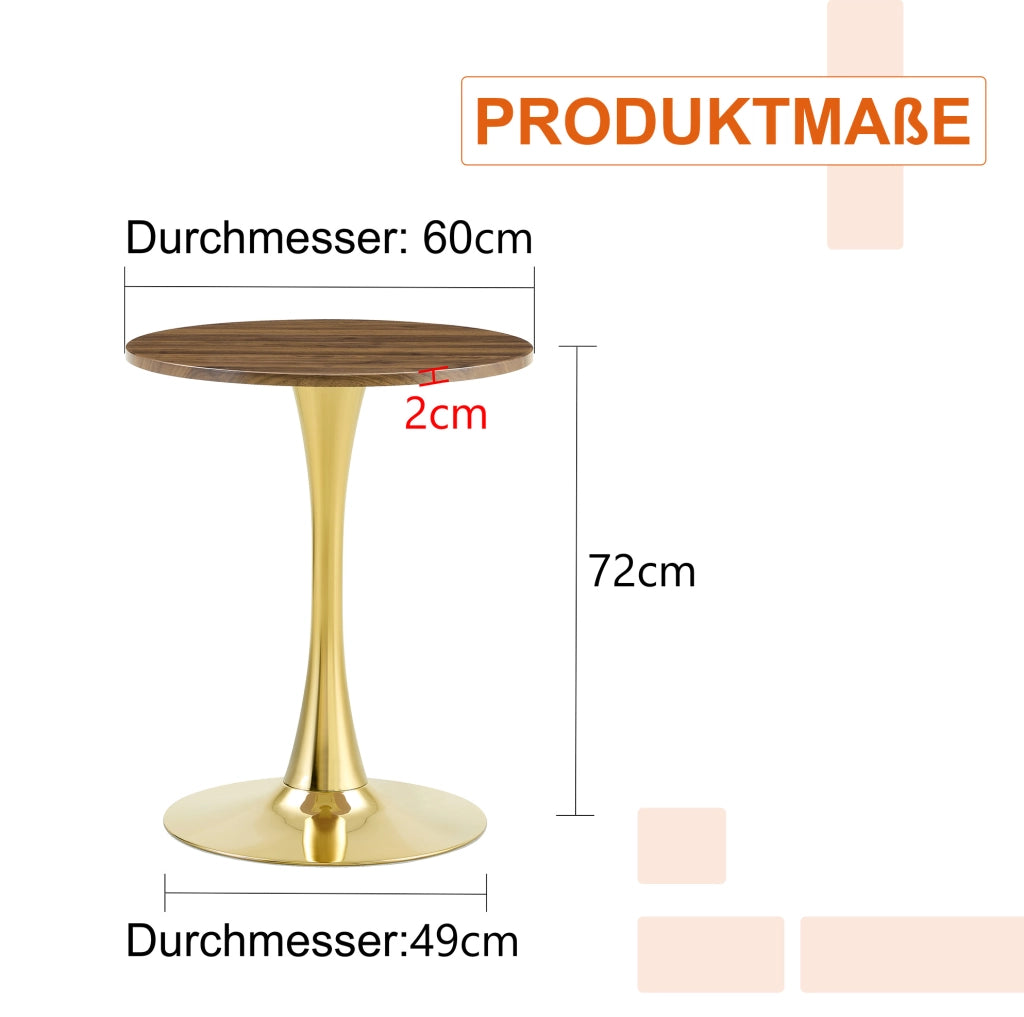 Tavolo rotondo da pranzo o soggiorno 60 cm; stile Mid-Century; MDF effetto noce e metallo dorato