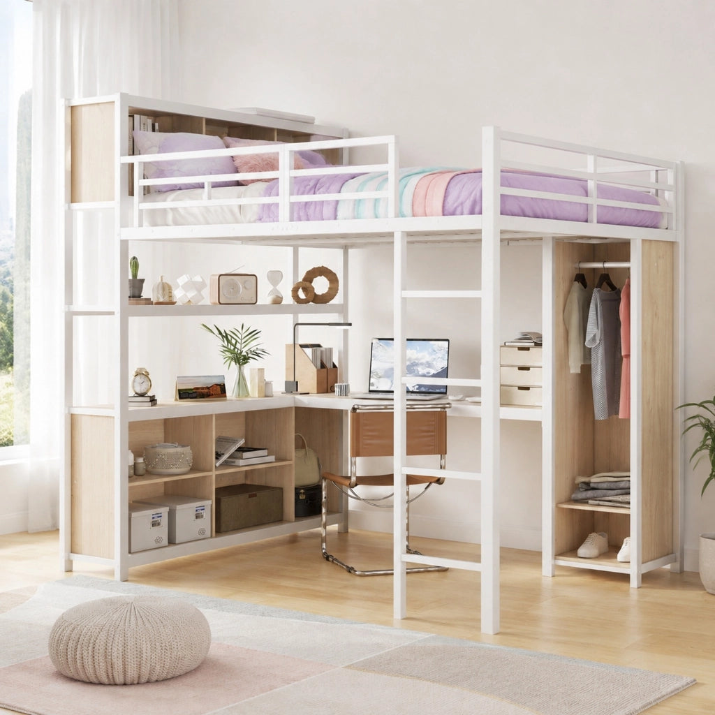 Letto a soppalco 140x200 cm con scrivania e armadio