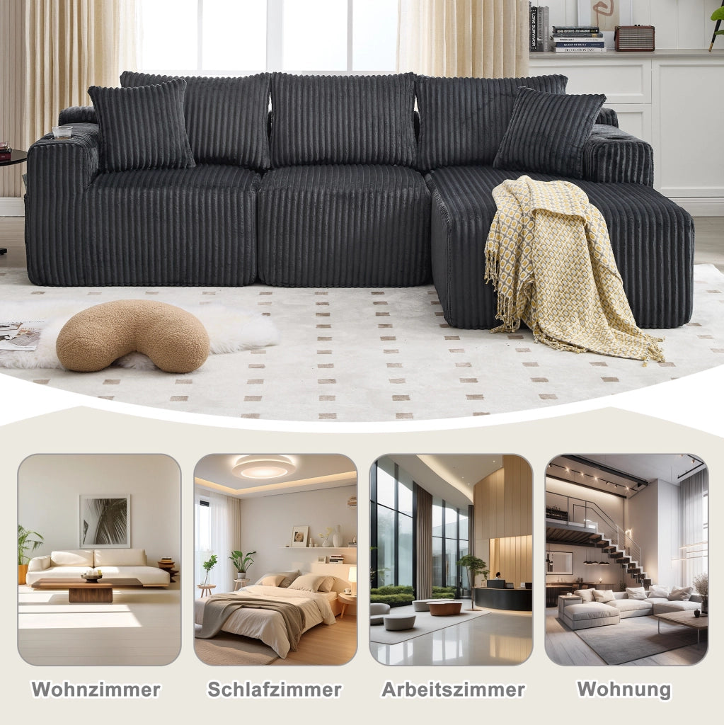 Divano modulare in velluto a coste grigio con chaise longue