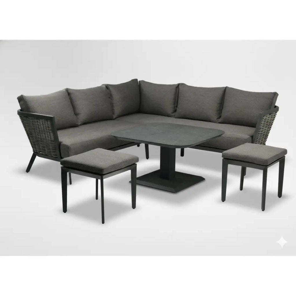 Salotto da giardino VENTARO 7 posti in alluminio grigio con divano ad angolo, tavolo regolabile e pouf