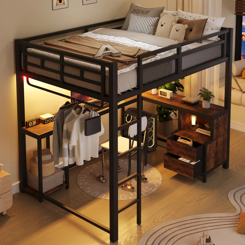 LETTO a soppalco 140x200 cm in metallo nero con scrivania, ripiani e barra appendiabiti