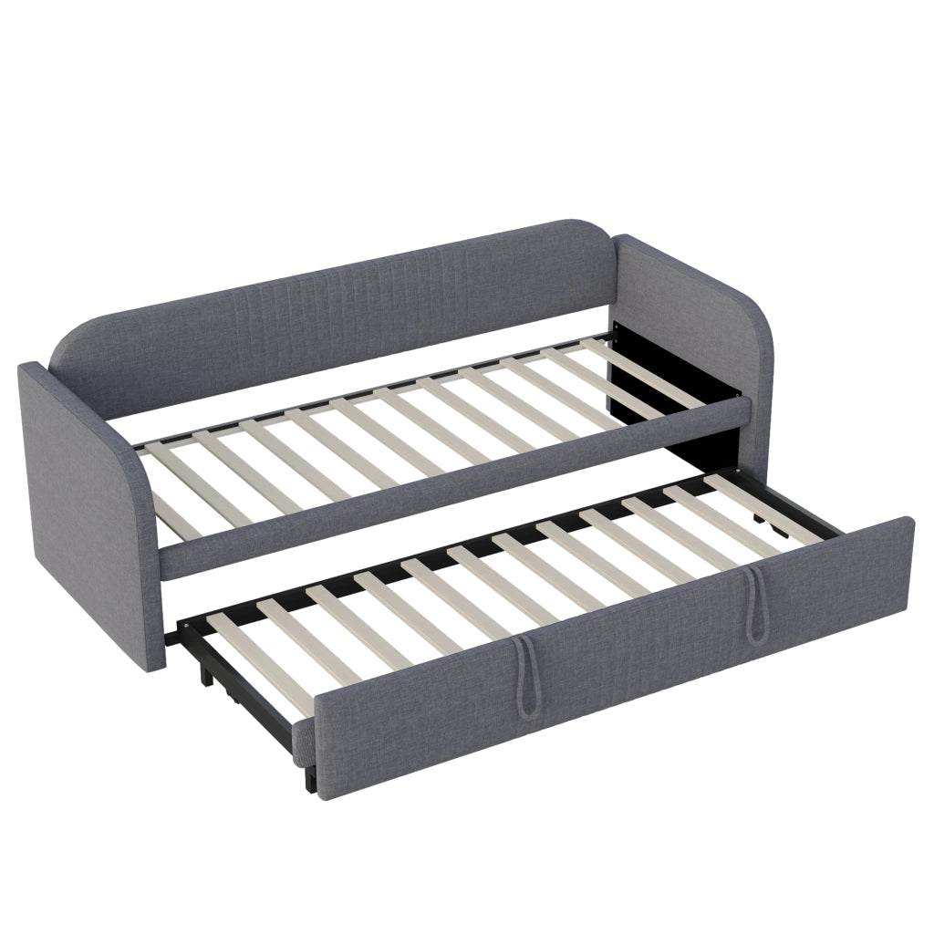 Divano letto imbottito estensibile 90/190-180/190 cm in tessuto effetto lino grigio