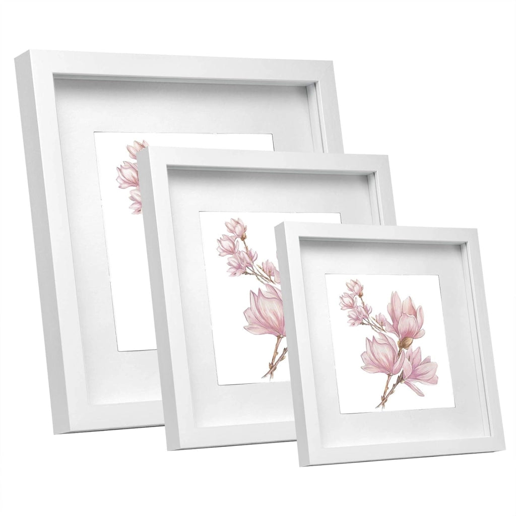 Set di 10 Cornice 3D per Foto da Muro Cornici 40x40cm per Oggetti Fino a 1,5cm, Cornici Fotografiche Multiple da Tavolo Portafoto Sospeso in Legno Passepartout Incluso, Bianco
