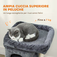 Albero Tiragraffi per Gatti Fino a 7 kg con 2 Casette e Lettino Palo in Sisal e Rivestimento Peluche Grigio Scuro