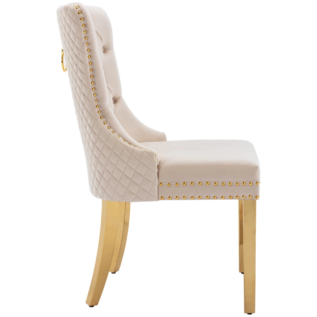Sedia da pranzo Set da 2 con Anello decorativo, Borchie e Piedini Regolabili in Velluto Beige