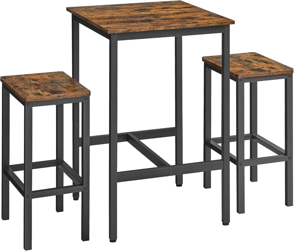 VASAGLE Tavolo Bar con 2 Sgabelli, Cucina Piccolo 60 x 60 x 90 cm, Ogni Sedia di 30 x 40 x 65 cm, Sala da Pranzo, Industriale, Marrone Vintage e Nero LBT017B01