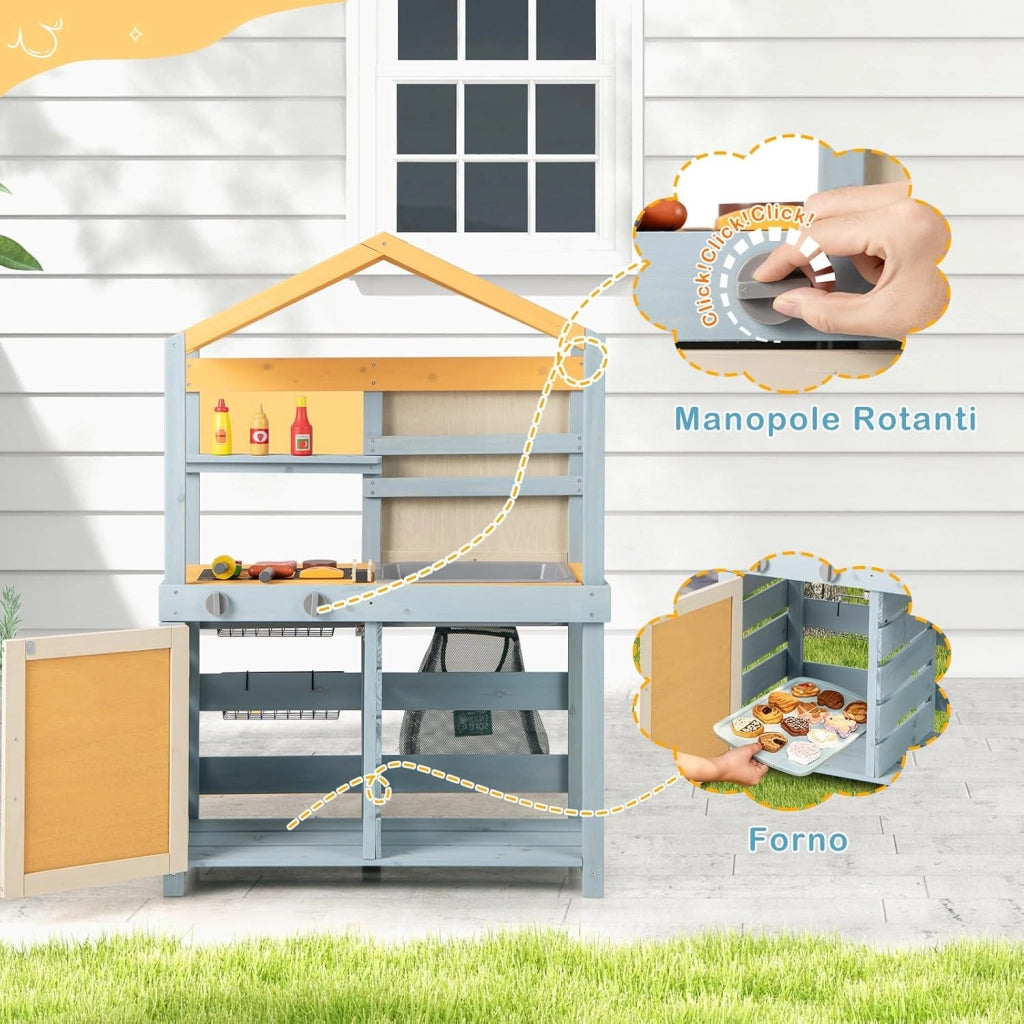 Cucina Giocattolo per Giardino con Negozio e Barbecue 3 in 1, Cucina per Bambini in Legno di Pino con Griglia, Lavagna, Cesti e Forno, Set Cucina con 12 Accessori, 75 x 34 x 111 cm
