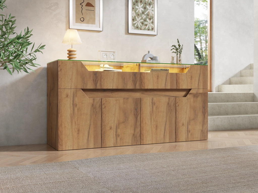 Credenza e madia con piano in vetro temperato, 2 cassetti e ante, per soggiorno, in MDF, naturale, 140 × 40 × 70 cm