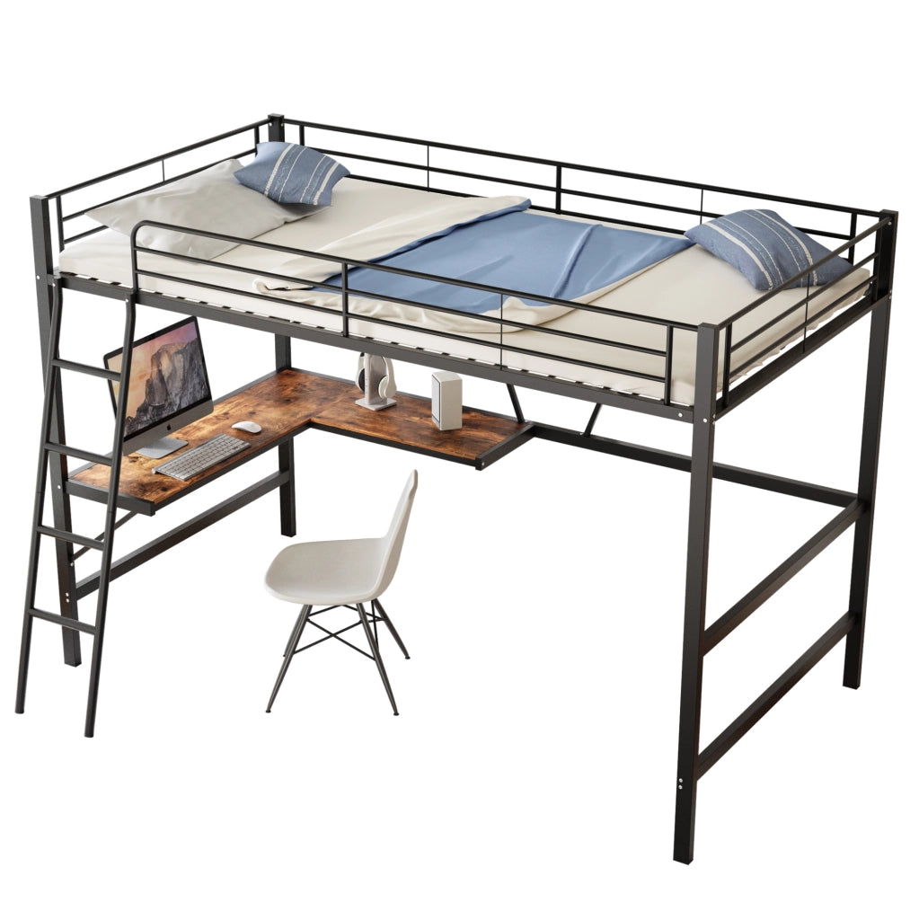 Letto a soppalco in metallo con scrivania ad L e scaffale 90x200 cm