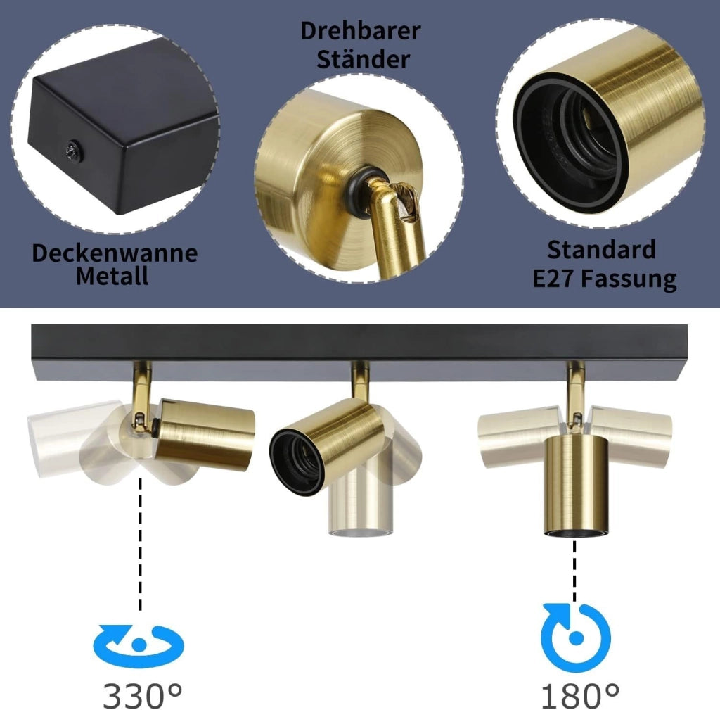 ZMH Faretto da soffitto retrò 3 luci E27 nero oro rotativi stile industriale moderno per cucine corridoi sale pranzo