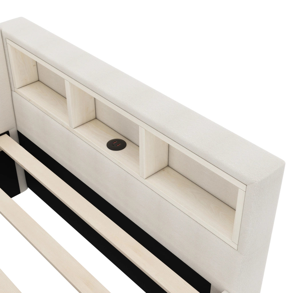 LETTO da giorno 140x200 cm beige in lino e MDF con USB+Type C e LED