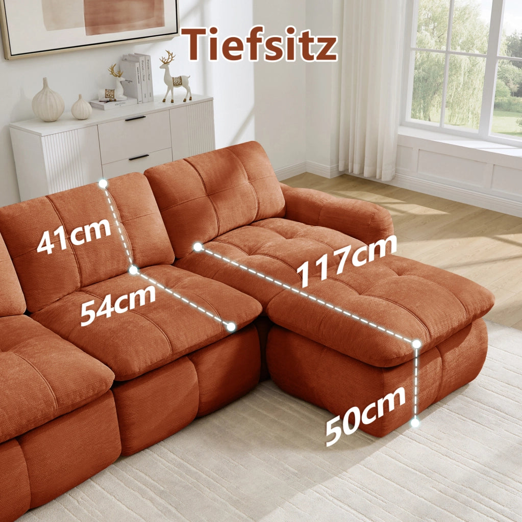 Divano modulare angolare 2 posti con pouf in chenille; senza struttura rigida; arancione