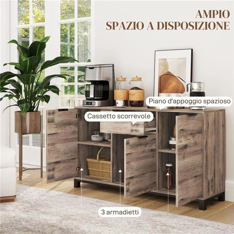 CREDENZA BUFFET IN STILE INDUSTRIALE CON CASSETTO E 3 ARMADIETTI IN LEGNO MARRONE 120X36.5X70 CM
