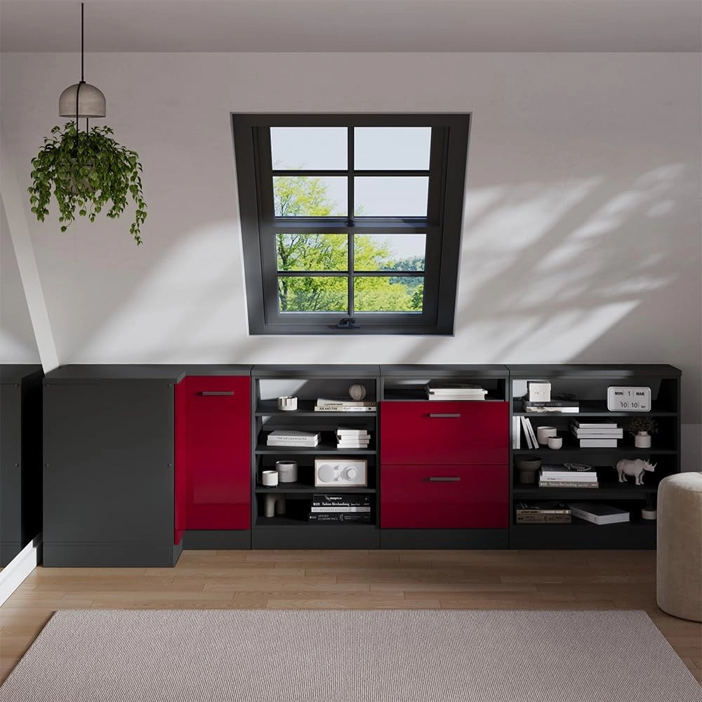 Mobile sottotetto Mobile angolare Rion, Rosso lucido, 75.6 x 81.6 cm con 1 porta, carcassa dell’armadio profondità 60 cm, adatto per il salvaspazio sotto tetti spioventi