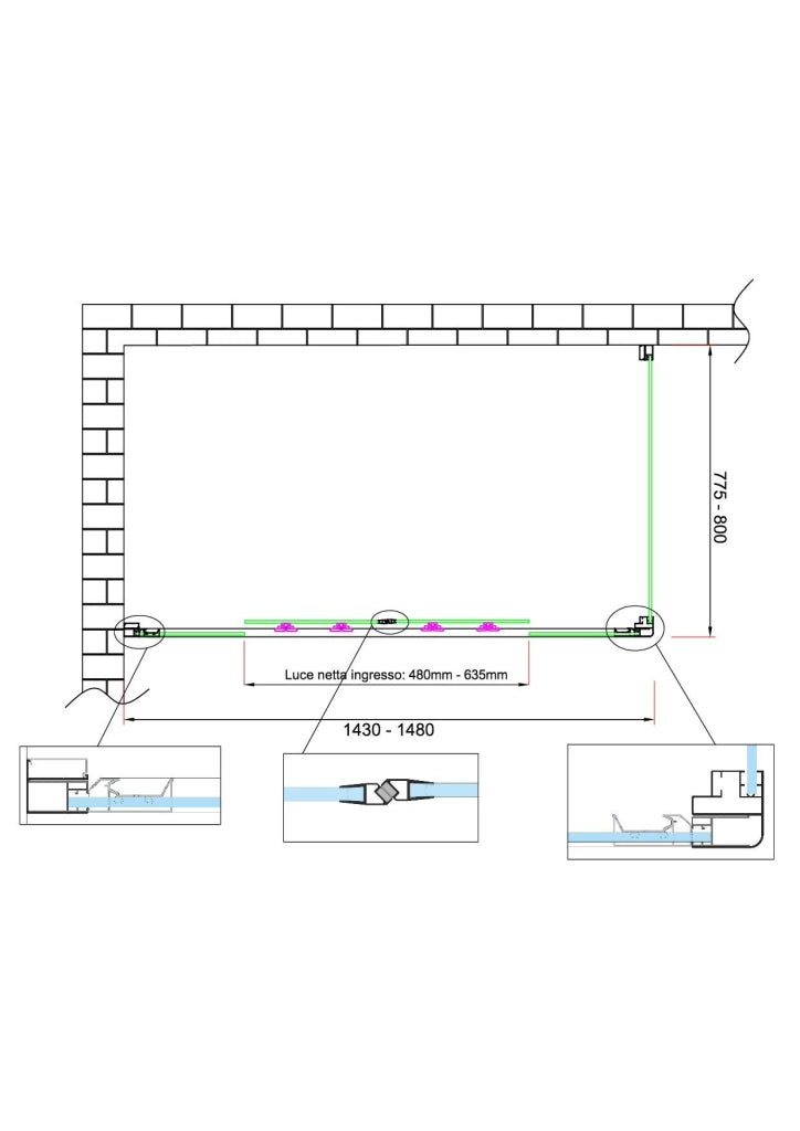 Box doccia 6 mm H 190 parete fissa e porta a 4 ante con apertura centrale MISURA 77,5-80 ANTA FISSA + PORTA 143-148