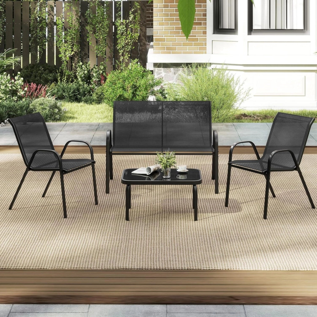 Set Tavolo e Poltrona da Giardino, Set di Mobili 4 Pezzi per Esterno, con Tavolino in Vetro Temperato, Panca e 2 Poltrone, per Giardino Balcone Piscina (Grigio)