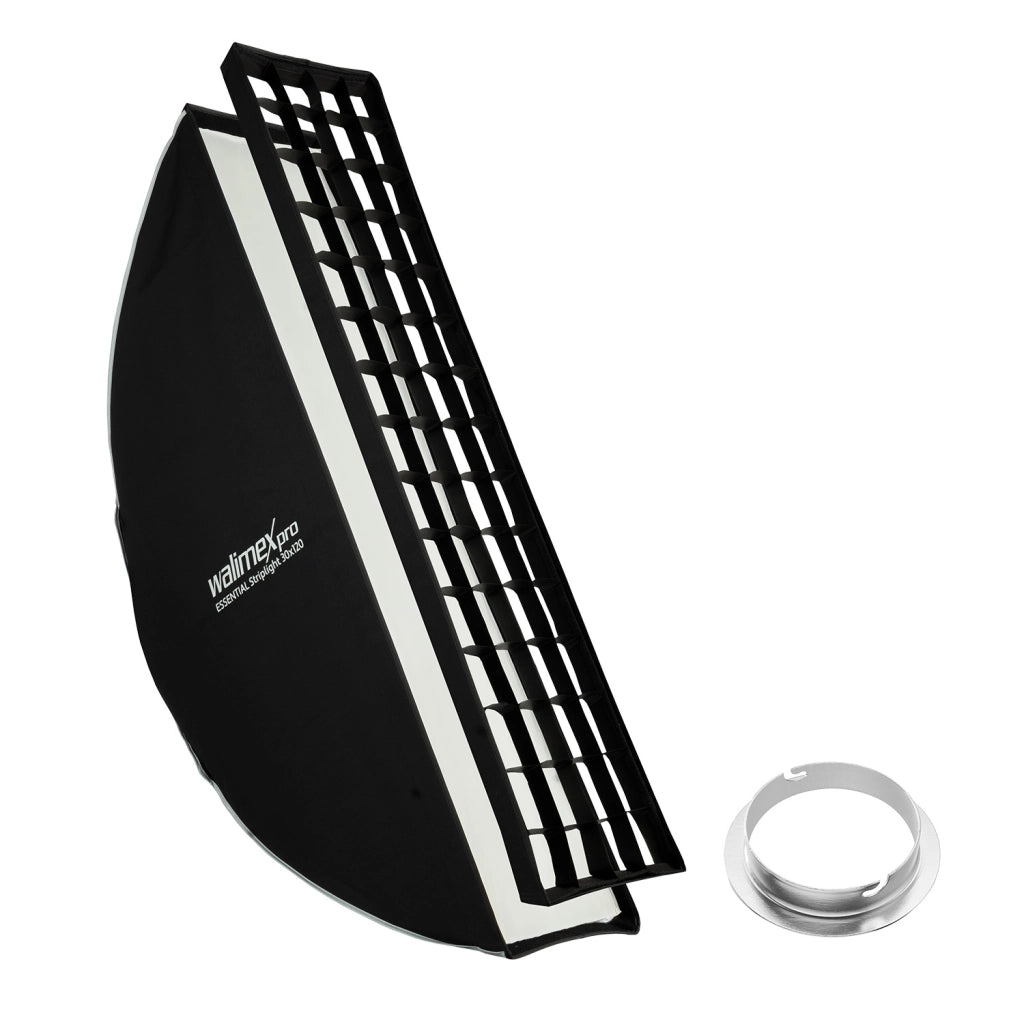 Essential Striplight Softbox 30x120cm + adattatore softbox per Elinchrom (diametro esterno: 15,2 cm), ruotabile a 360°, facile da montare, griglia inclusa, adattatore Bowens