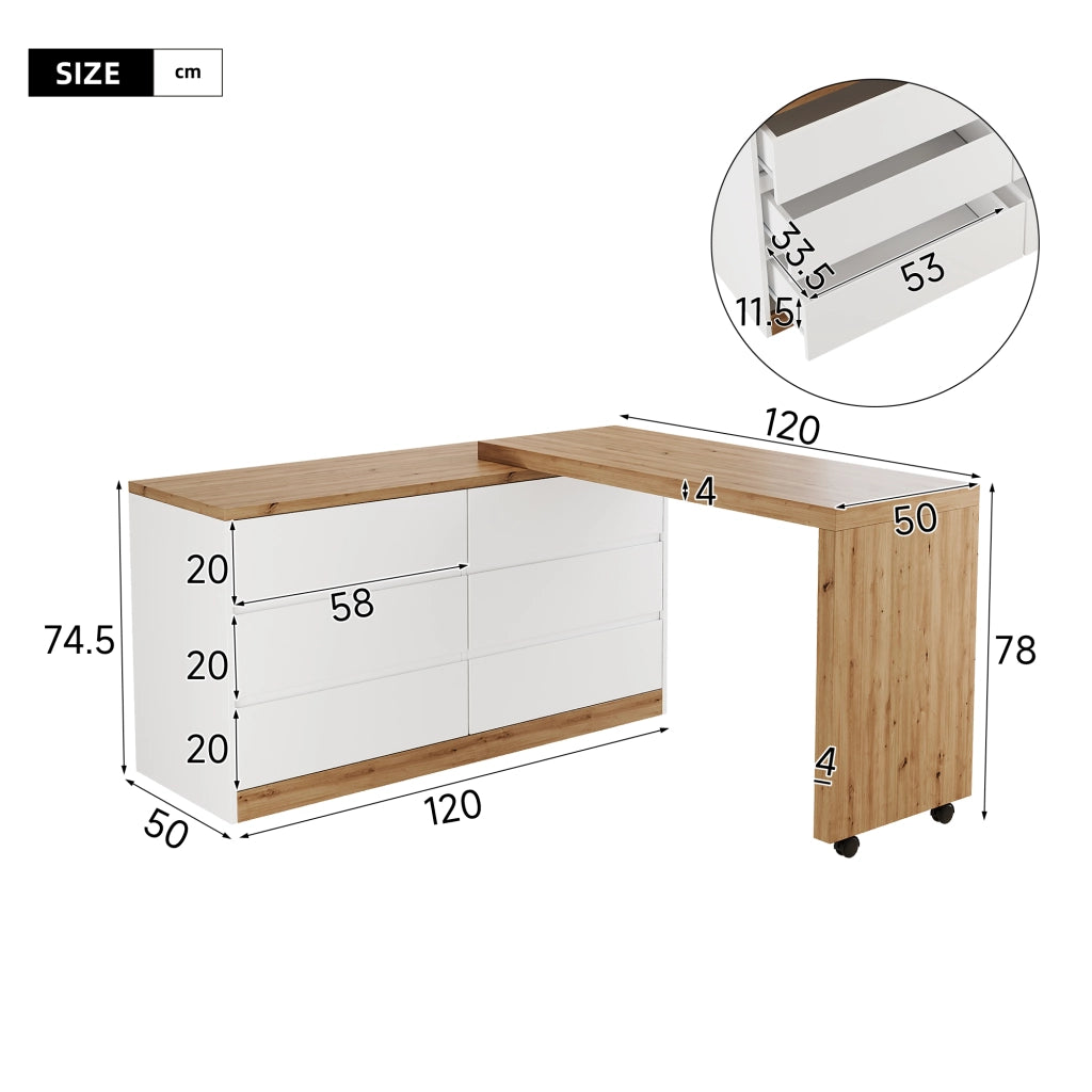 Scrivania girevole con 6 cassetti e ruote bloccabili, per ufficio in casa e camera, in truciolare, bianco e rovere, 120 × 50 cm