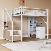 OKWISH Letto a Soppalco 140×200 cm, Letto Matrimoniale con Scala Contenitore, Armadietto e Sponda con Finestra, senza Materasso, Bianco