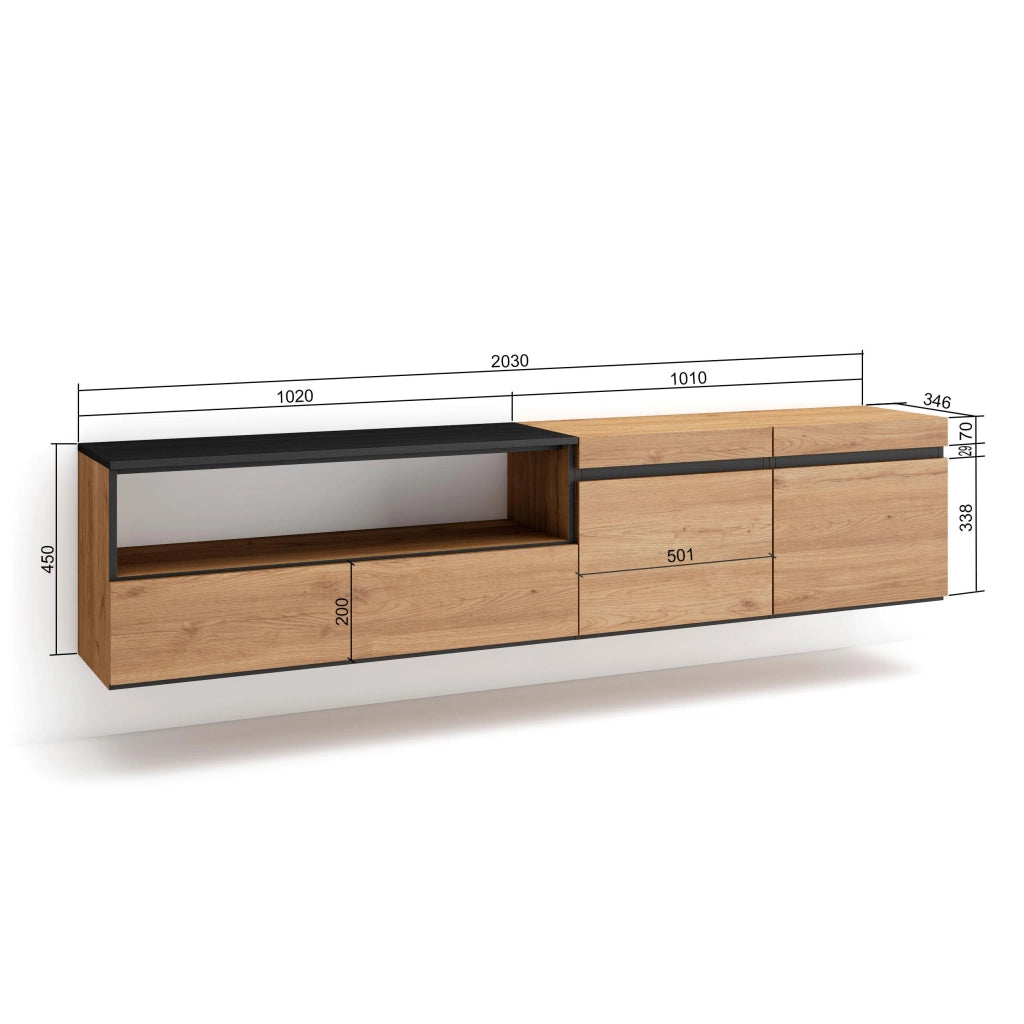 Mobile TV, 200x35x45cm, soggiorno, Per TV fino a 80", da appendere, colore Rovere e nero RF2144