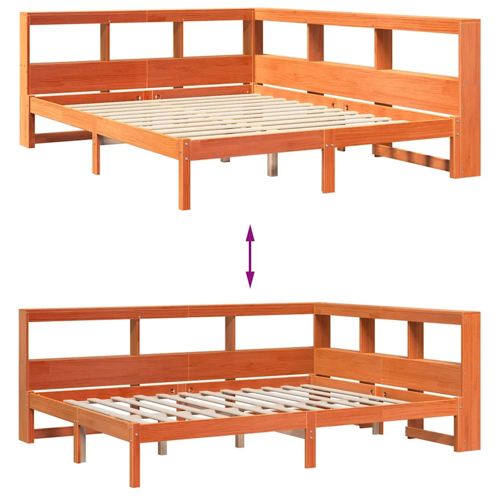 Letto Libreria senza Materasso-Struttura Letto con contenitore Marrone Cera 140x200 cm in Pino 162491
